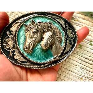 VINTAGE 1991 SISKIYOU BUCKLE CO. USA TURQUOISE ENAMEL DOUBLE HORSE BELT BUCKLE